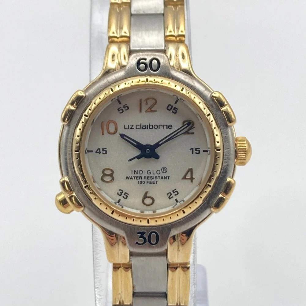 Vintage Liz Claiborne Womens Watch Indiglo Silver Gold Tone New Battery SMALL 6